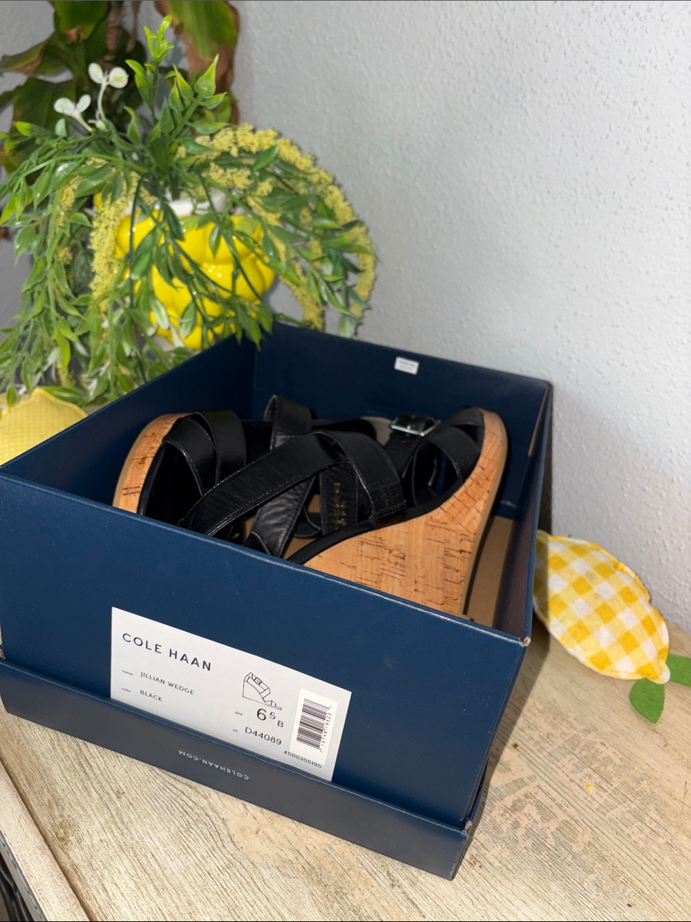 Cole Haan Black Cork Wedge Sandals - Strappy Leather Platform Size 6.5